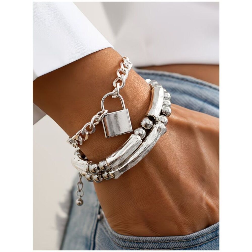 3 Chunky Bohemian-Chic Bracelet Set Cuban Chain Lock Pendant Bold Silver-Plate